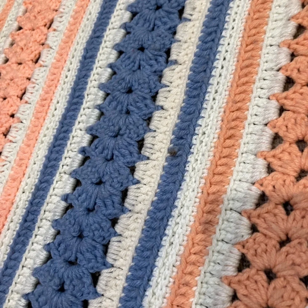 Vintage Handmade Crochet Throw Multicolor Stripe Pattern Scalloped Border